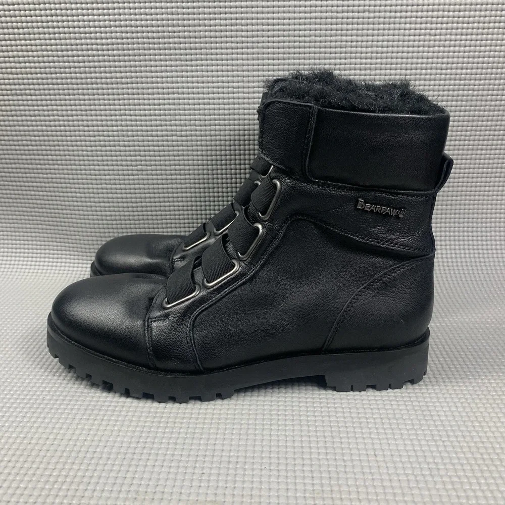 BEARPAW Vivian BOOT 8 Black SHEEP Nappa LEATHER Ankle Short Hiking Biker Fur